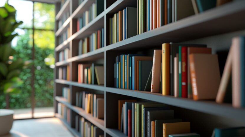 library room with large bookshelves filled with colorful books arranged neatly in rows